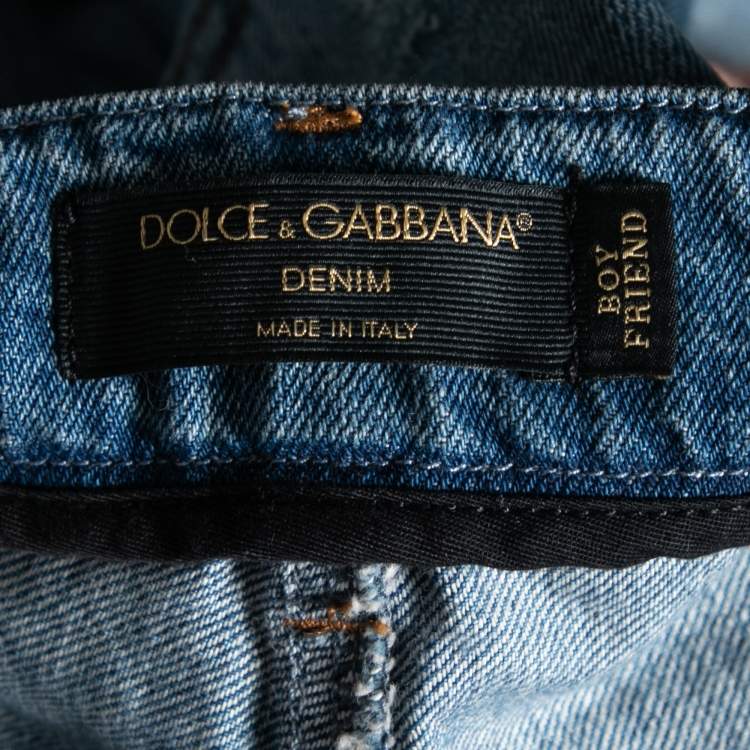 Pre Owned Dolce & Gabbana Blue Denim Floral Embroidered and Sequin Embellished Distressed Jeans L