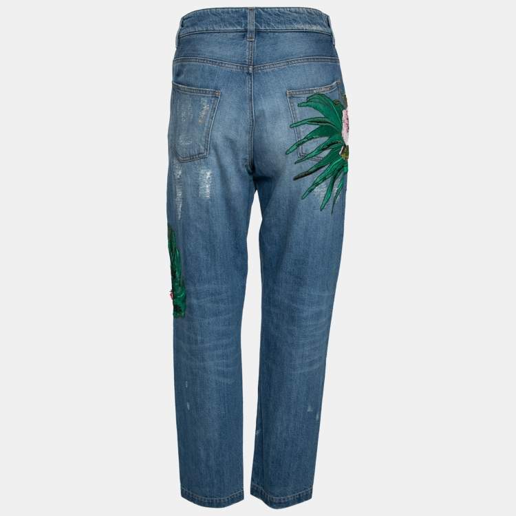 Pre Owned Dolce & Gabbana Blue Denim Floral Embroidered and Sequin Embellished Distressed Jeans L