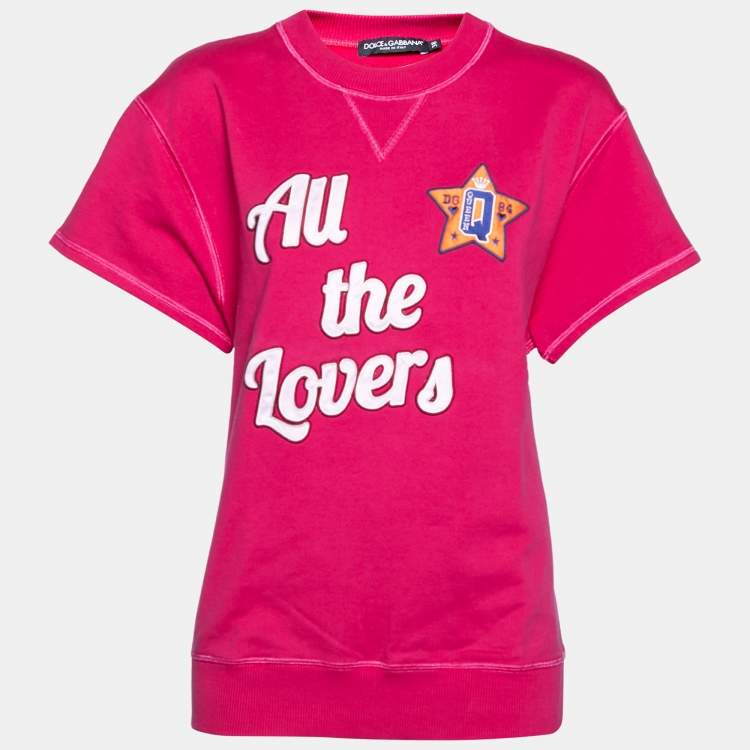 Pre Owned Dolce & Gabbana Pink Cotton All the Lovers Embroidered Ribbed Trims Top S