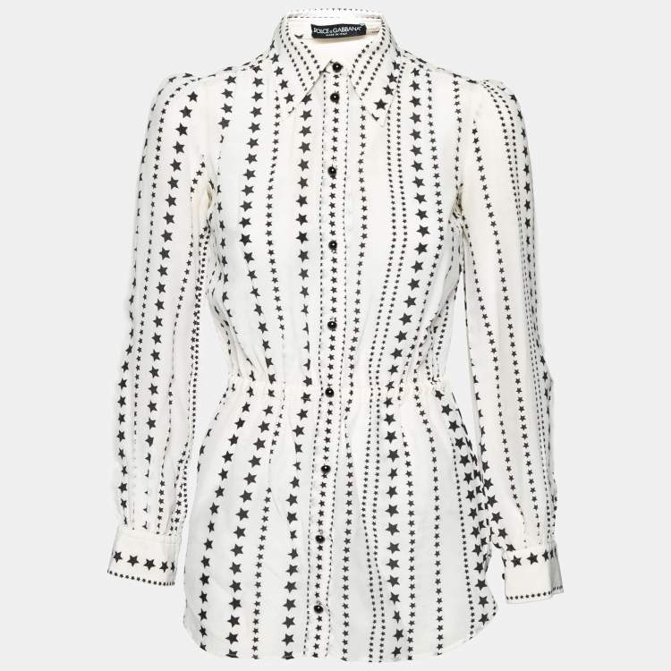 Pre Owned Dolce & Gabbana White Star Printed Silk Button Front Blouse S