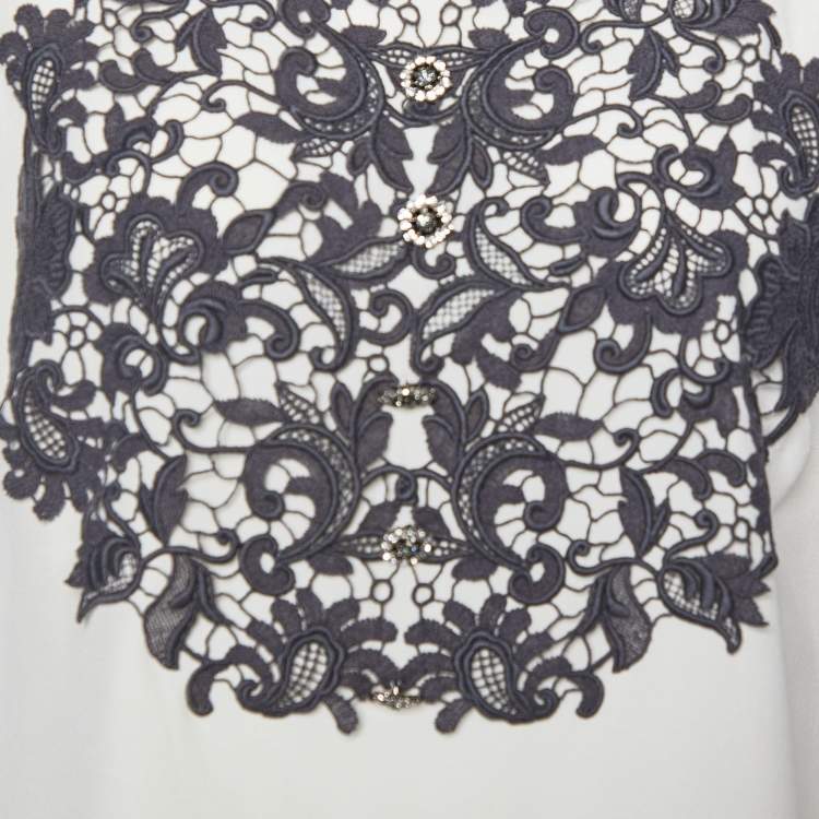 Pre Owned Dolce & Gabbana Cream Silk Lace Embroidered Crystal Embellished Sleeveless Blouse M