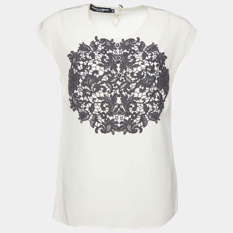 Pre Owned Dolce & Gabbana Cream Silk Lace Embroidered Crystal Embellished Sleeveless Blouse M