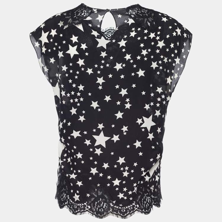 Pre Owned Dolce & Gabbana Black and White Star Printed Silk Lace Trim Blouse S