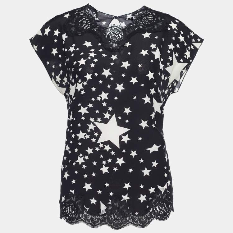 Pre Owned Dolce & Gabbana Black and White Star Printed Silk Lace Trim Blouse S