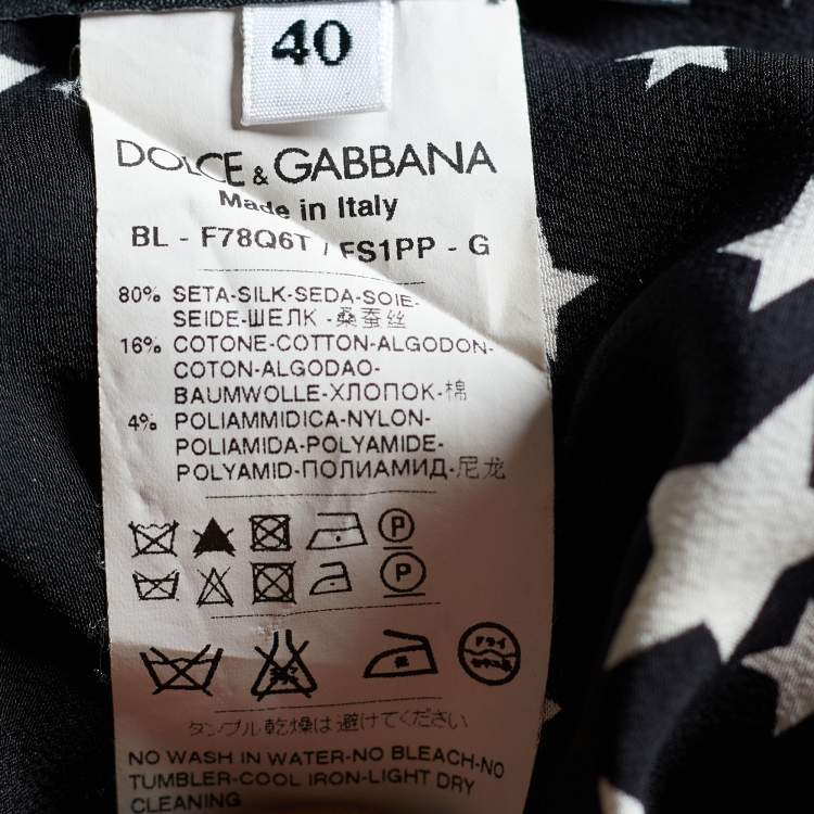 Pre Owned Dolce & Gabbana Black and White Star Printed Silk Lace Trim Blouse S