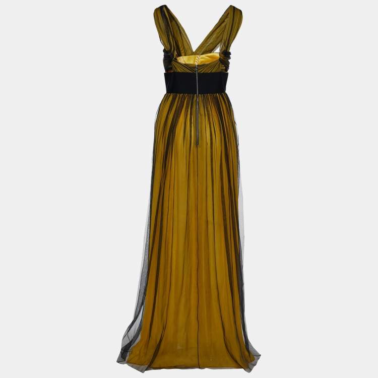 مملوكة مسبقًا Dolce & Gabbana Yellow and Black Mesh Layover Maxi Dress M