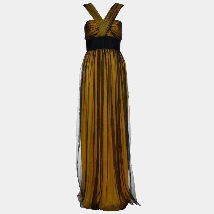 مملوكة مسبقًا Dolce & Gabbana Yellow and Black Mesh Layover Maxi Dress M