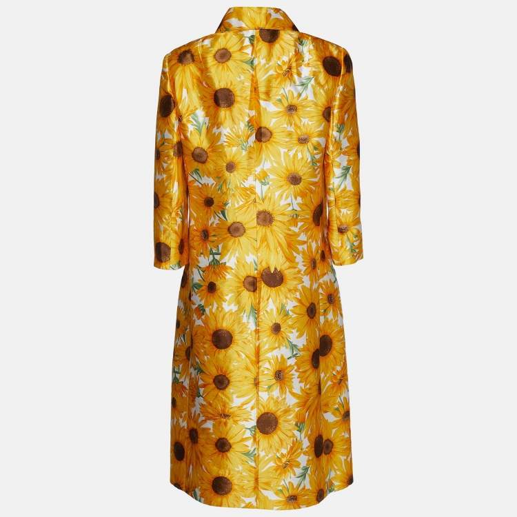 Pre Owned Dolce & Gabbana Vintage Yellow Sunflower Printed Silk Lightweight Coat & Pencil Skirt Set L