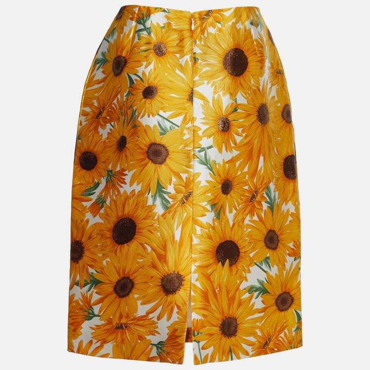 Pre Owned Dolce & Gabbana Vintage Yellow Sunflower Printed Silk Lightweight Coat & Pencil Skirt Set L