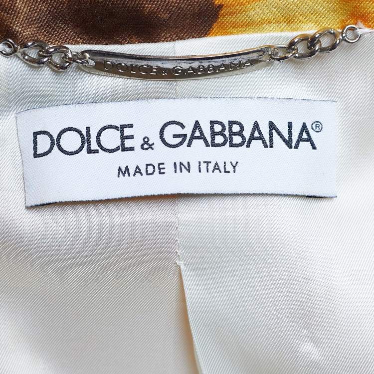 Pre Owned Dolce & Gabbana Vintage Yellow Sunflower Printed Silk Lightweight Coat & Pencil Skirt Set L