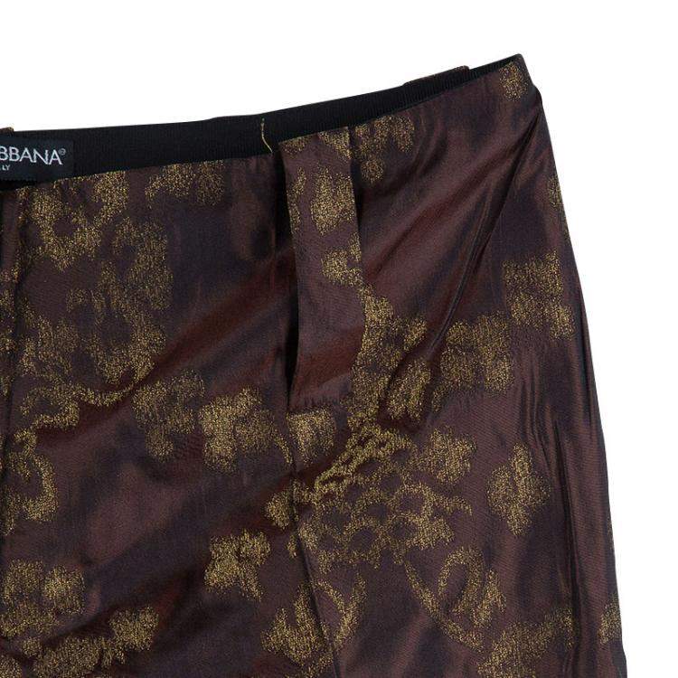 Pre Owned Dolce & Gabbana Dark Brown Brocade Silk Trousers S
