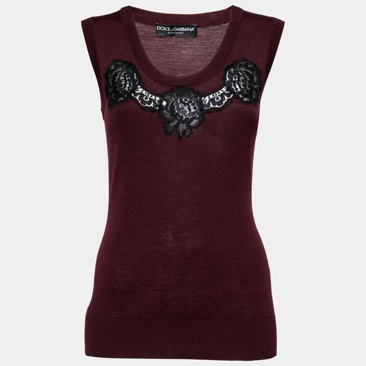 Pre Owned Dolce & Gabbana Burgundy Wool Lace Detail Sleeveless Top M