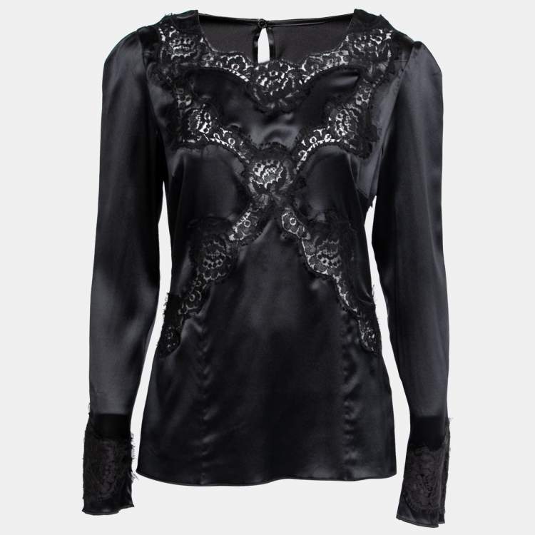 Pre Owned Dolce & Gabbana Black Satin Silk & Lace Trimmed Long Sleeve Blouse M