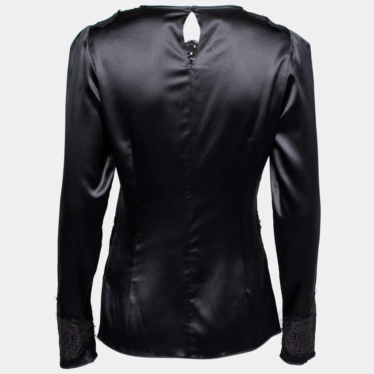 Pre Owned Dolce & Gabbana Black Satin Silk & Lace Trimmed Long Sleeve Blouse M
