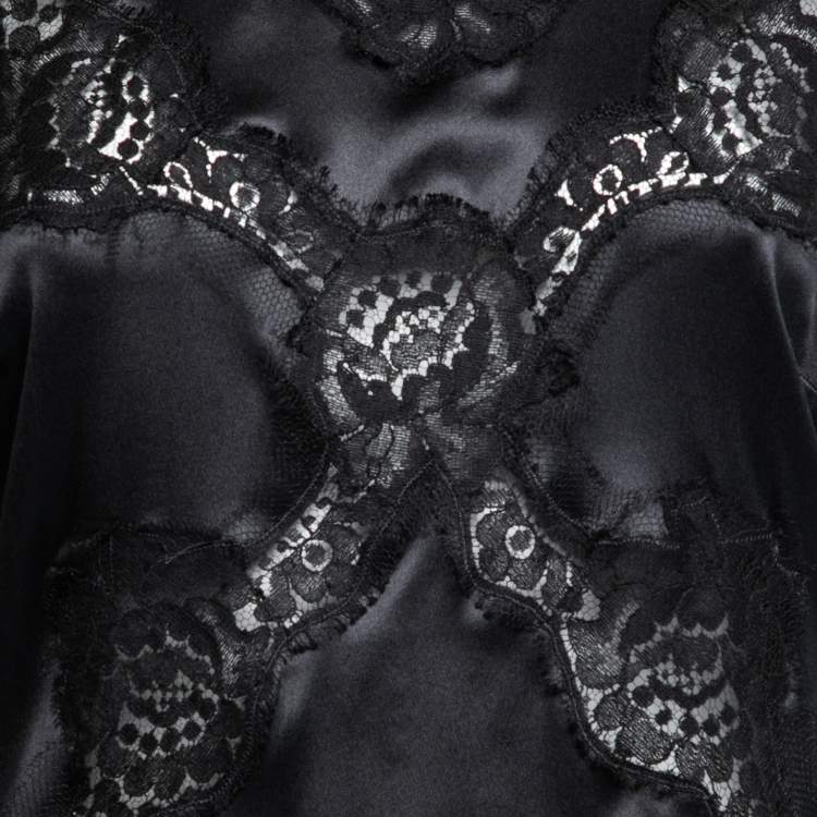 Pre Owned Dolce & Gabbana Black Satin Silk & Lace Trimmed Long Sleeve Blouse M