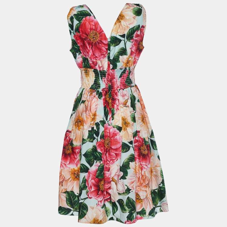 Pre Owned Dolce & Gabbana Multicolor Floral Printed Cotton V-Neck Dress M