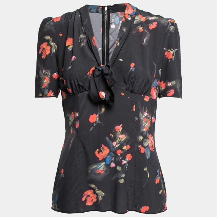 Pre Owned Dolce & Gabbana Black Floral Printed Silk Neck Tie Detailed Blouse M