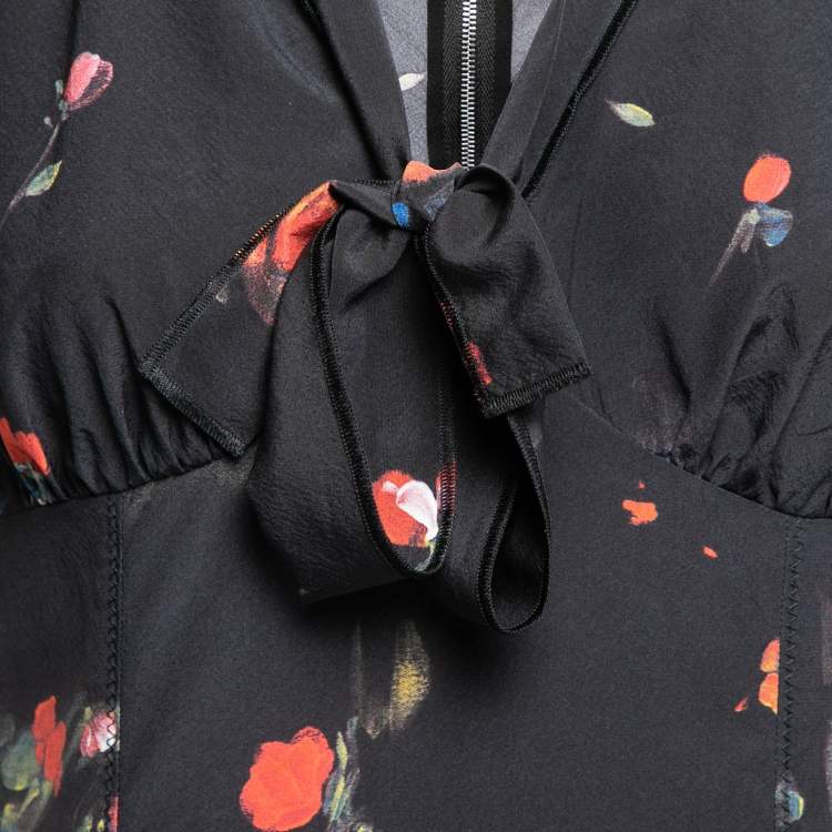 Pre Owned Dolce & Gabbana Black Floral Printed Silk Neck Tie Detailed Blouse M
