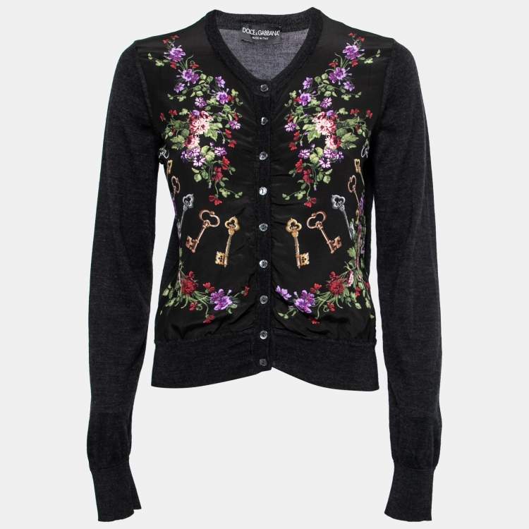 Pre Owned Dolce & Gabbana Black Floral Printed Silk & Wool Ruched Cardigan M