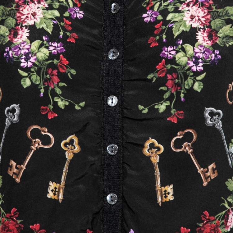 Pre Owned Dolce & Gabbana Black Floral Printed Silk & Wool Ruched Cardigan M