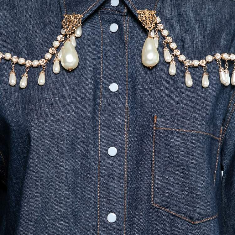 Pre Owned Dolce & Gabbana Blue Denim Pearl Embellished Button Front Shirt S