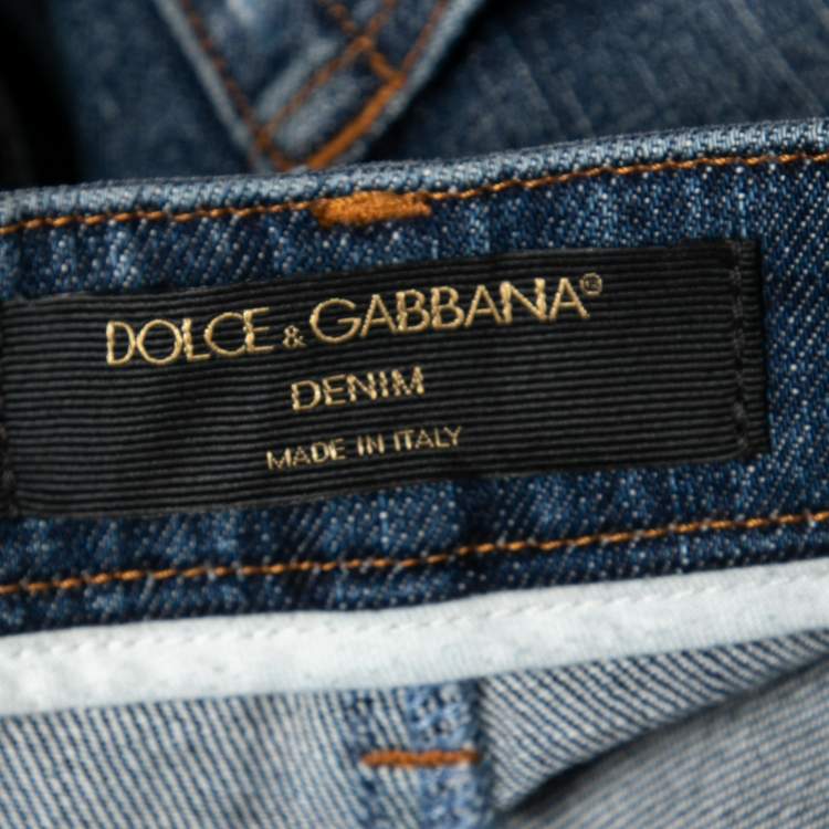 مملوكة مسبقًا Dolce & Gabbana Blue Denim Heart Embroidered Flared Fringed Jeans M