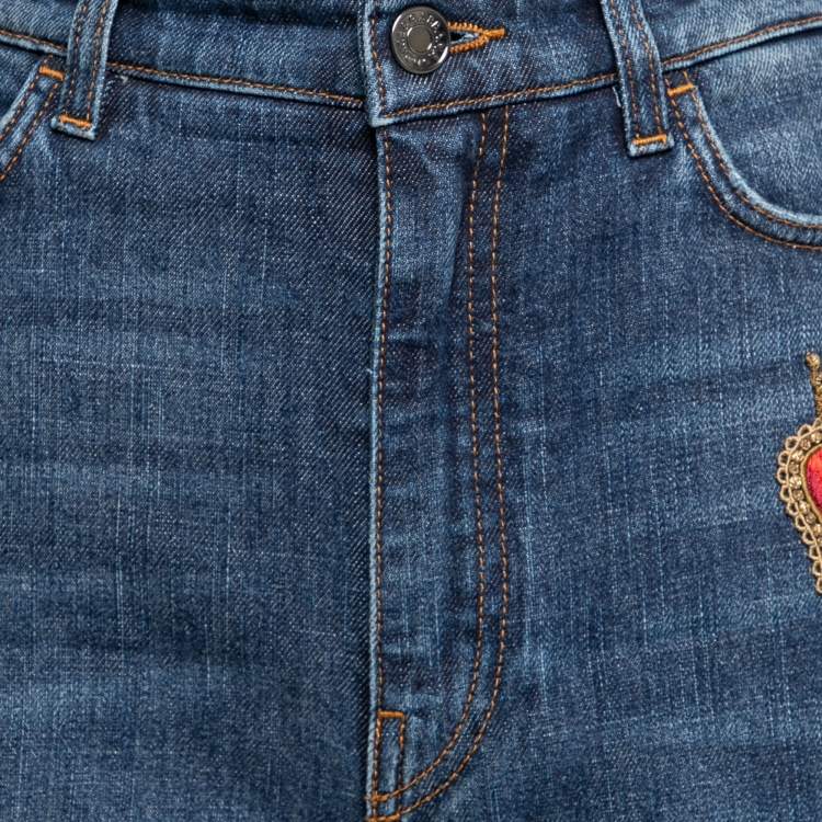 مملوكة مسبقًا Dolce & Gabbana Blue Denim Heart Embroidered Flared Fringed Jeans M