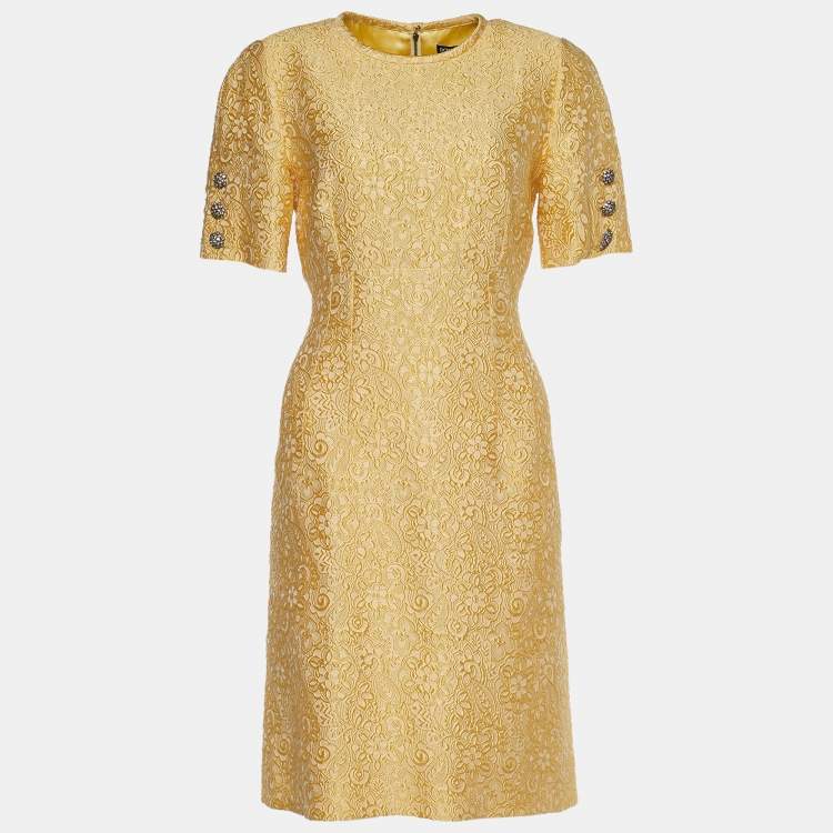 Pre Owned Dolce & Gabbana Pale Yellow Floral Jacquard Mini Dress M