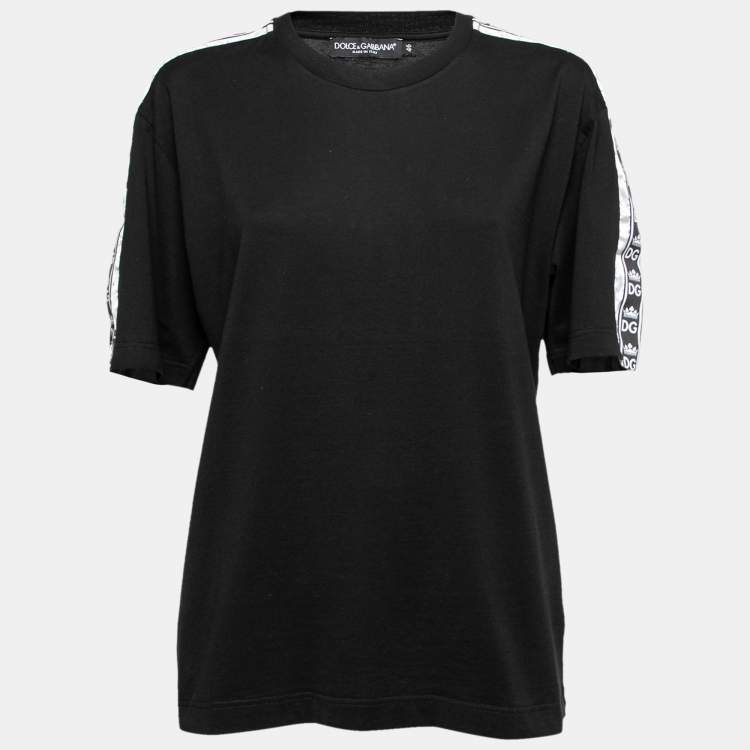 Pre Owned Dolce & Gabbana Black Cotton Logo Tape Trimmed T-Shirt L