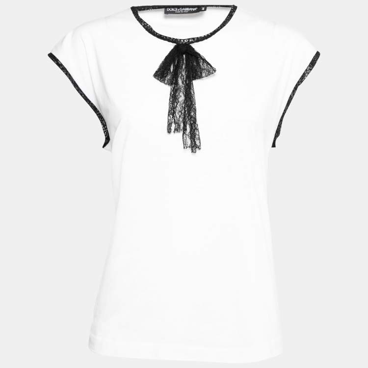 Pre Owned Dolce & Gabbana White Cotton Lace Trimmed Short Sleeve Top M