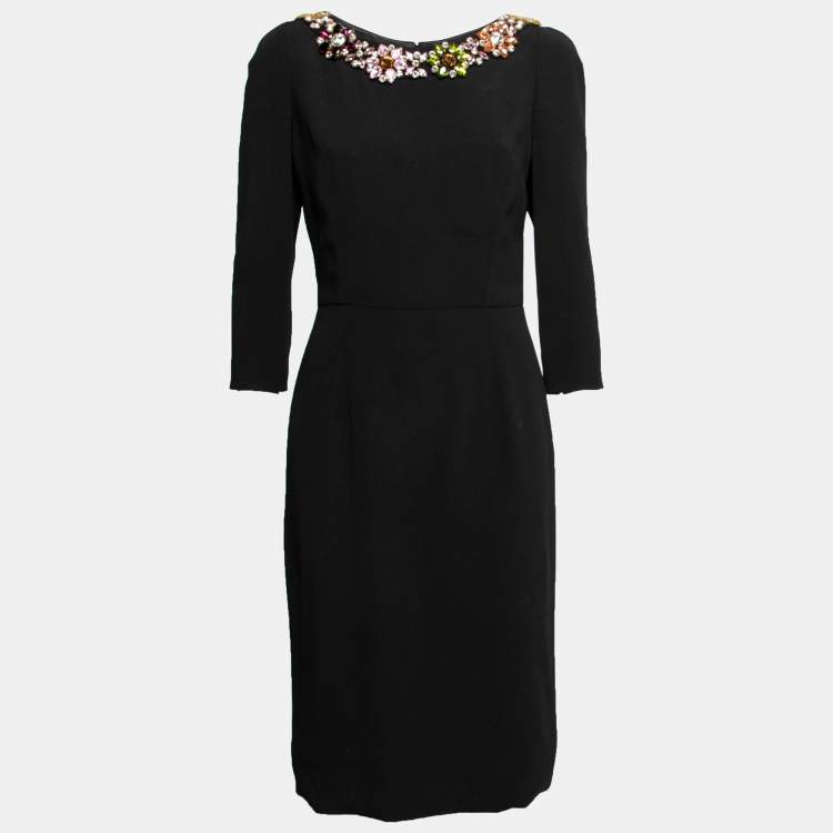 Pre Owned Dolce & Gabbana Black Crepe Jeweled Neckline Dress M