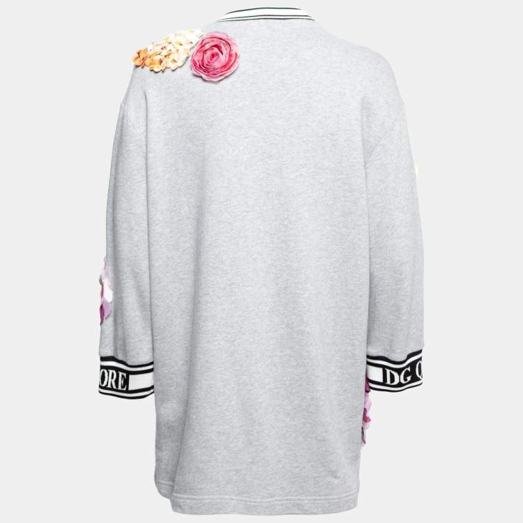 Pre Owned Dolce & Gabbana Grey Cotton Floral Appliqued Crewneck Pullover S