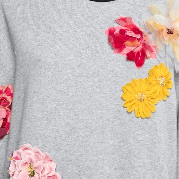 Pre Owned Dolce & Gabbana Grey Cotton Floral Appliqued Crewneck Pullover S