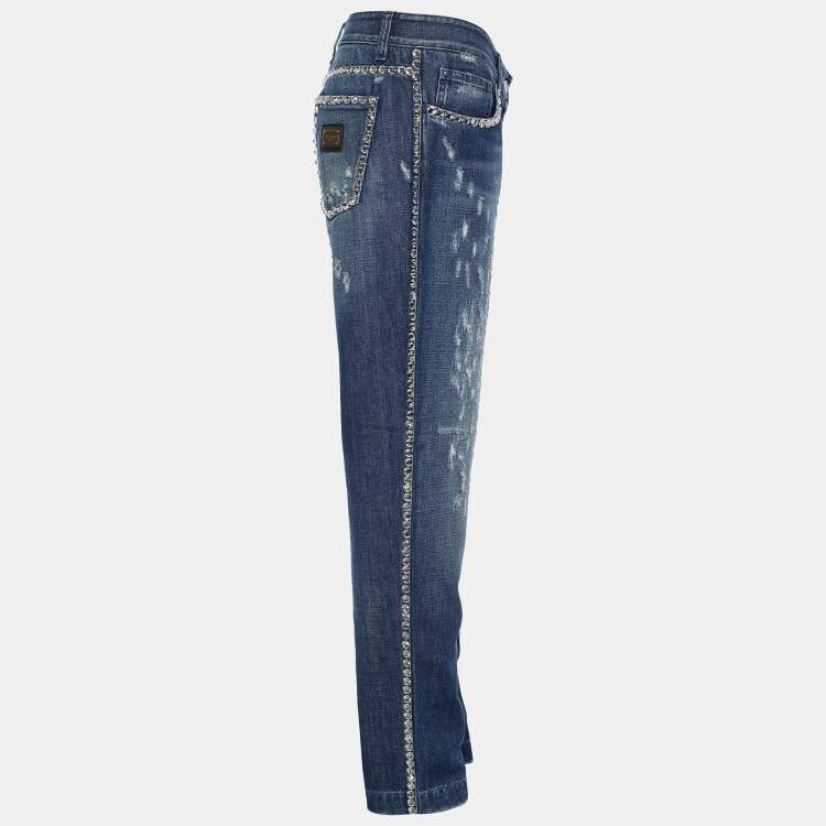 Pre Owned Dolce & Gabbana Indigo Faded Effect Denim Embellished Distressed Jeans Waist 32" 