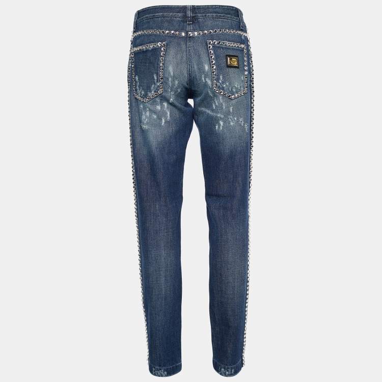 Pre Owned Dolce & Gabbana Indigo Faded Effect Denim Embellished Distressed Jeans Waist 32" 