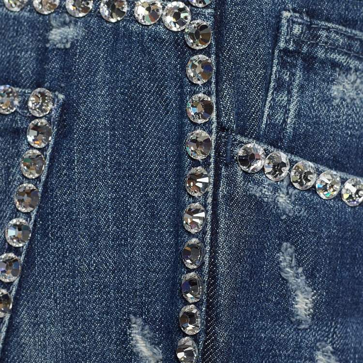 Pre Owned Dolce & Gabbana Indigo Faded Effect Denim Embellished Distressed Jeans Waist 32" 