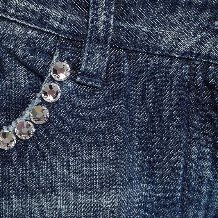 Pre Owned Dolce & Gabbana Indigo Faded Effect Denim Embellished Distressed Jeans Waist 32" 