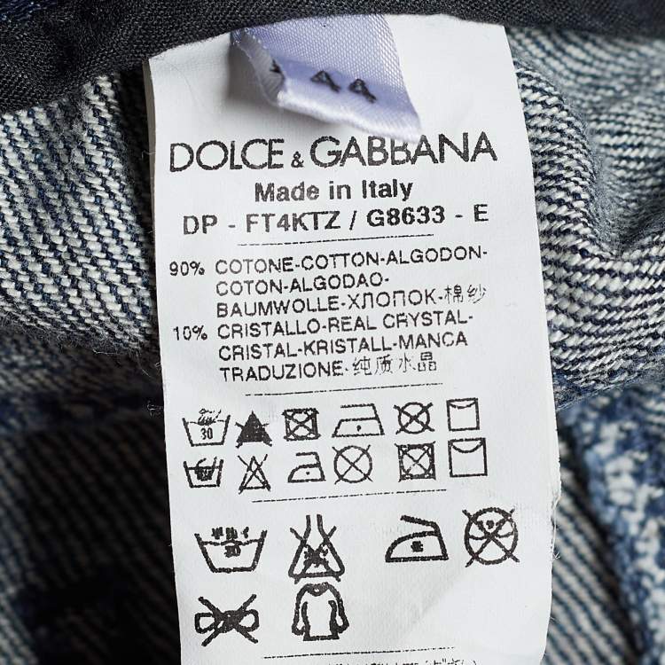 Pre Owned Dolce & Gabbana Indigo Faded Effect Denim Embellished Distressed Jeans Waist 32" 