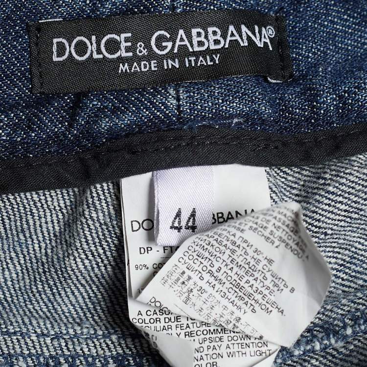Pre Owned Dolce & Gabbana Indigo Faded Effect Denim Embellished Distressed Jeans Waist 32" 