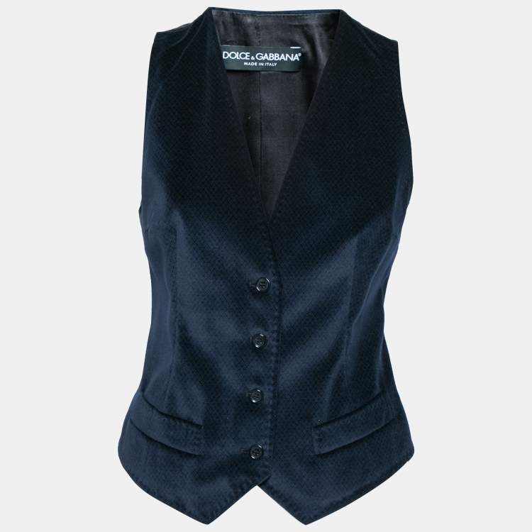 Pre Owned Dolce & Gabbana Navy Blue Patterned Velvet Waistcoat & Blazer Set S/M