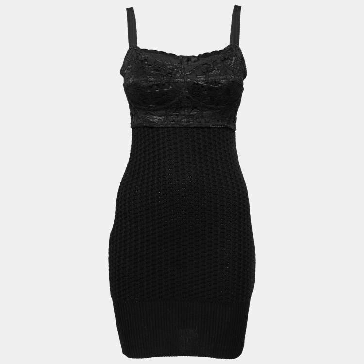 Pre Owned Dolce & Gabbana Black Wool Knit & Lace Sleeveless Dress S