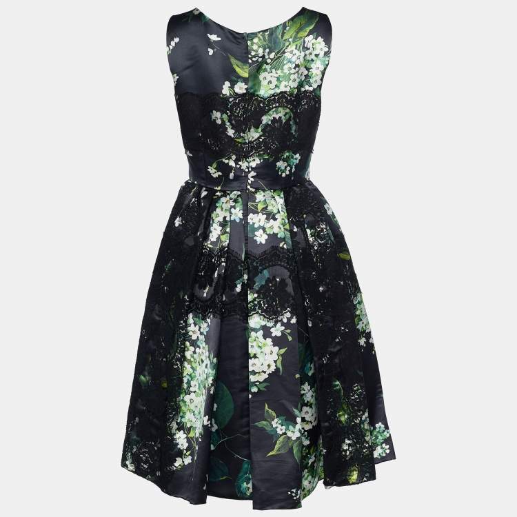 Pre Owned Dolce & Gabbana Black Floral Print Silk Lace Detail Sleeveless Dress L