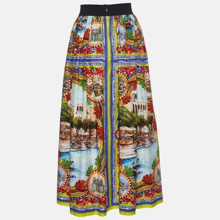 Pre Owned Dolce & Gabbana Multicolor Sicilian Postcard Printed Cotton Midi Skirt S