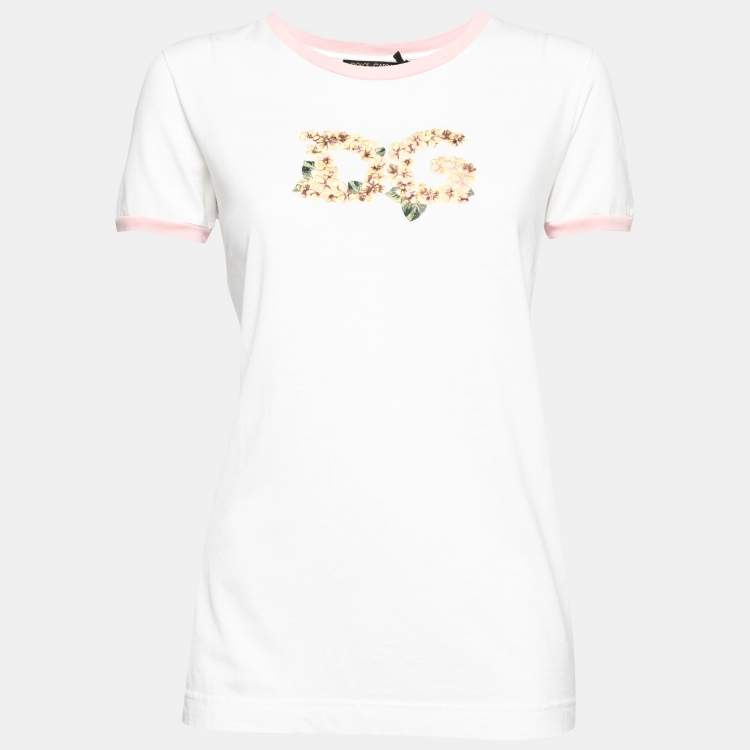 Pre Owned Dolce & Gabbana White Cotton Floral Logo Printed Short Sleeve T-Shirt M