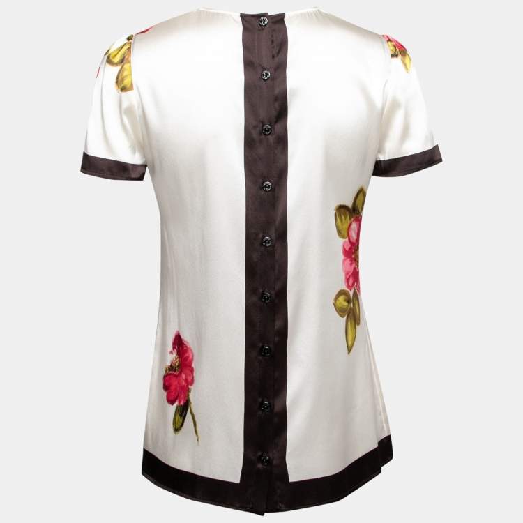 Pre Owned Dolce & Gabbana White Floral Printed Stretch Silk Short Sleeve Top S