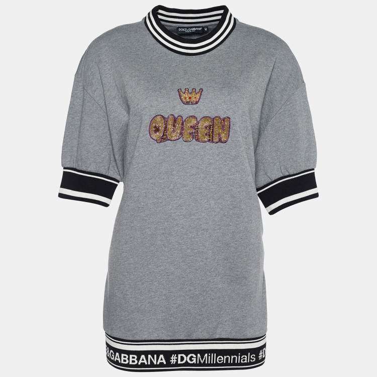 Pre Owned Dolce & Gabbana Grey Rib Knit Queen Embellished Sweatshirt M