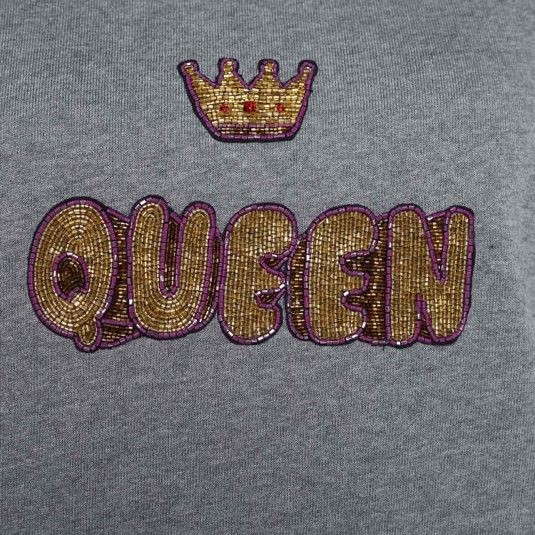 Pre Owned Dolce & Gabbana Grey Rib Knit Queen Embellished Sweatshirt M