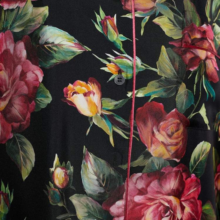Pre Owned Dolce & Gabbana Black Floral Print Silk Lounge Shirt & Trousers Set M