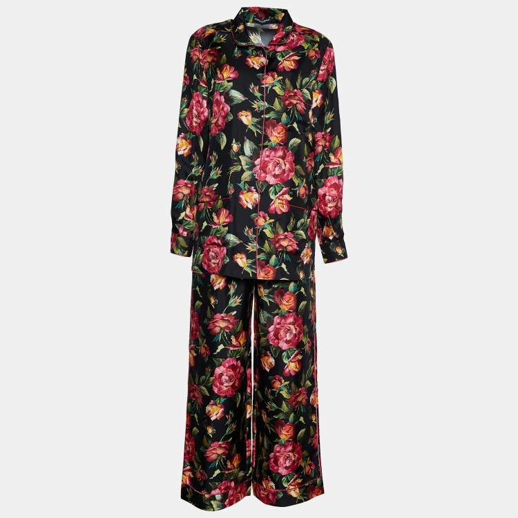 Pre Owned Dolce & Gabbana Black Floral Print Silk Lounge Shirt & Trousers Set M