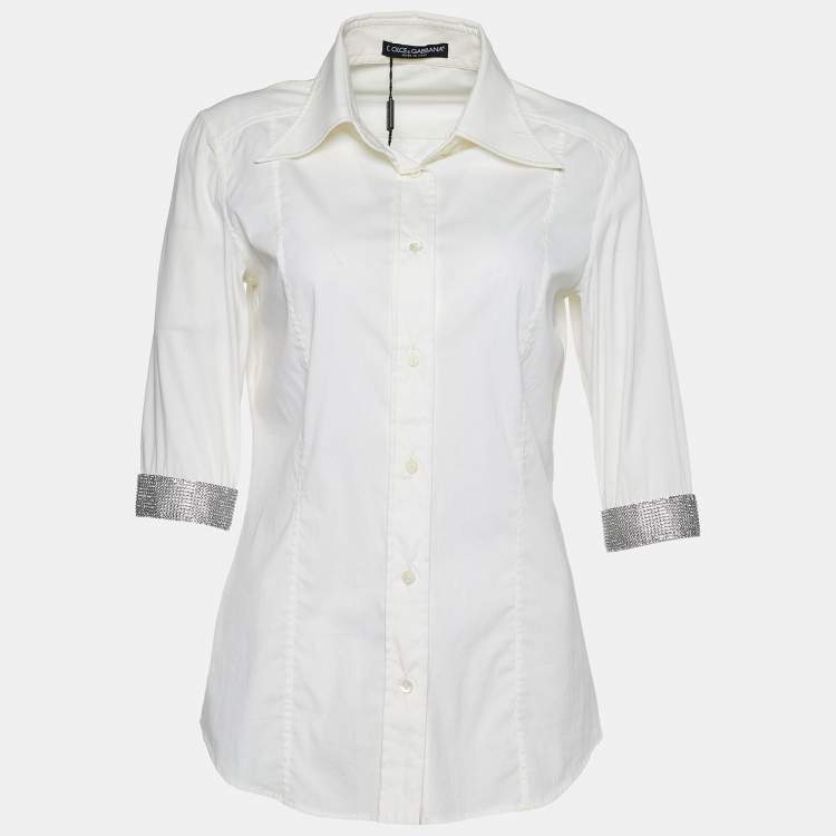 Pre Owned Dolce & Gabbana White Cotton Crystal Embellished Cuff Detail Shirt S